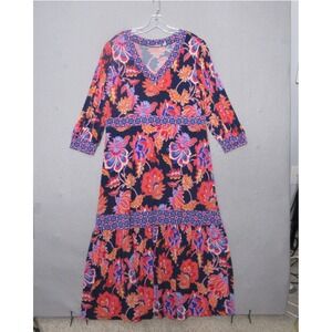 Susan Graver Passport Dress Floral Tiered Maxi Boho Travel Resort Flowy Vacation